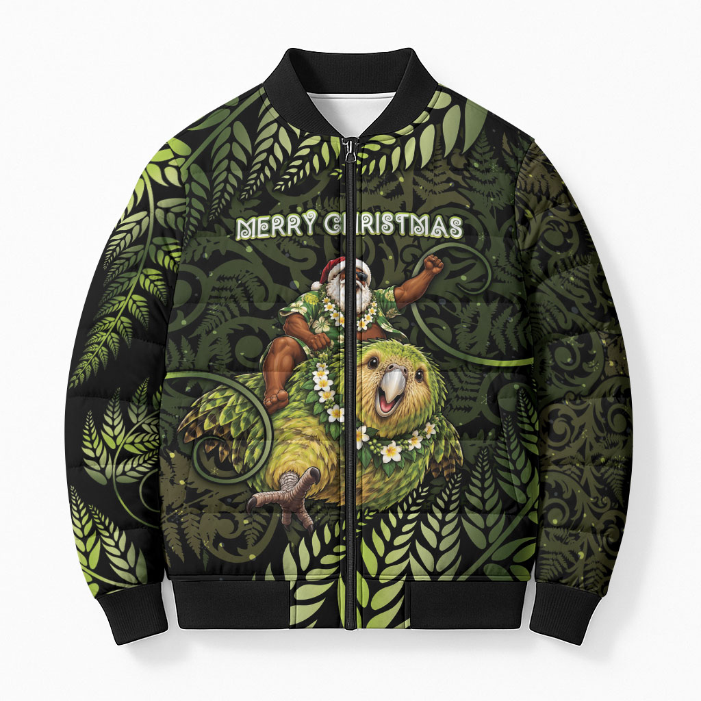 New Zealand Christmas Bomber Puffer Jacket Santa Riding Kakapo Bird Silver Fern