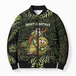 New Zealand Christmas Bomber Puffer Jacket Santa Riding Kakapo Bird Silver Fern