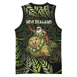 New Zealand Christmas Basketball Jersey Santa Riding Kakapo Bird Silver Fern