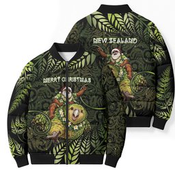 New Zealand Christmas Bomber Puffer Jacket Santa Riding Kakapo Bird Silver Fern