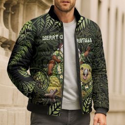 New Zealand Christmas Bomber Puffer Jacket Santa Riding Kakapo Bird Silver Fern