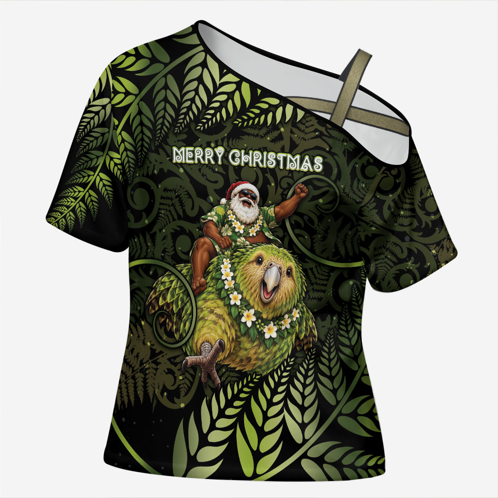 New Zealand Christmas Cross Shoulder Shirt Santa Riding Kakapo Bird Silver Fern