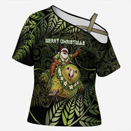 New Zealand Christmas Cross Shoulder Shirt Santa Riding Kakapo Bird Silver Fern