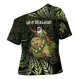 New Zealand Christmas Cross Shoulder Shirt Santa Riding Kakapo Bird Silver Fern