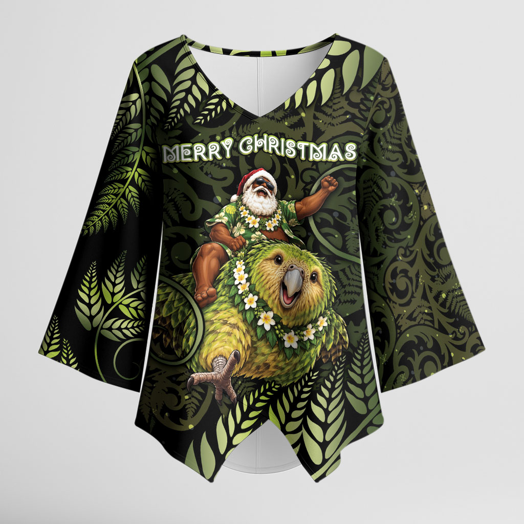 New Zealand Christmas Kimono Sleeve Blouse Santa Riding Kakapo Bird Silver Fern