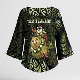 New Zealand Christmas Kimono Sleeve Blouse Santa Riding Kakapo Bird Silver Fern