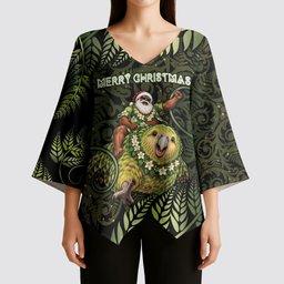 New Zealand Christmas Kimono Sleeve Blouse Santa Riding Kakapo Bird Silver Fern