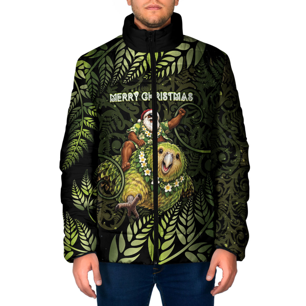 New Zealand Christmas Padded Jacket Santa Riding Kakapo Bird Silver Fern