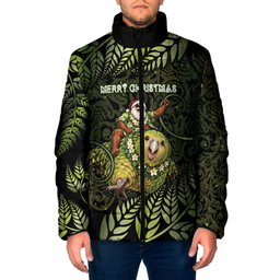 New Zealand Christmas Padded Jacket Santa Riding Kakapo Bird Silver Fern