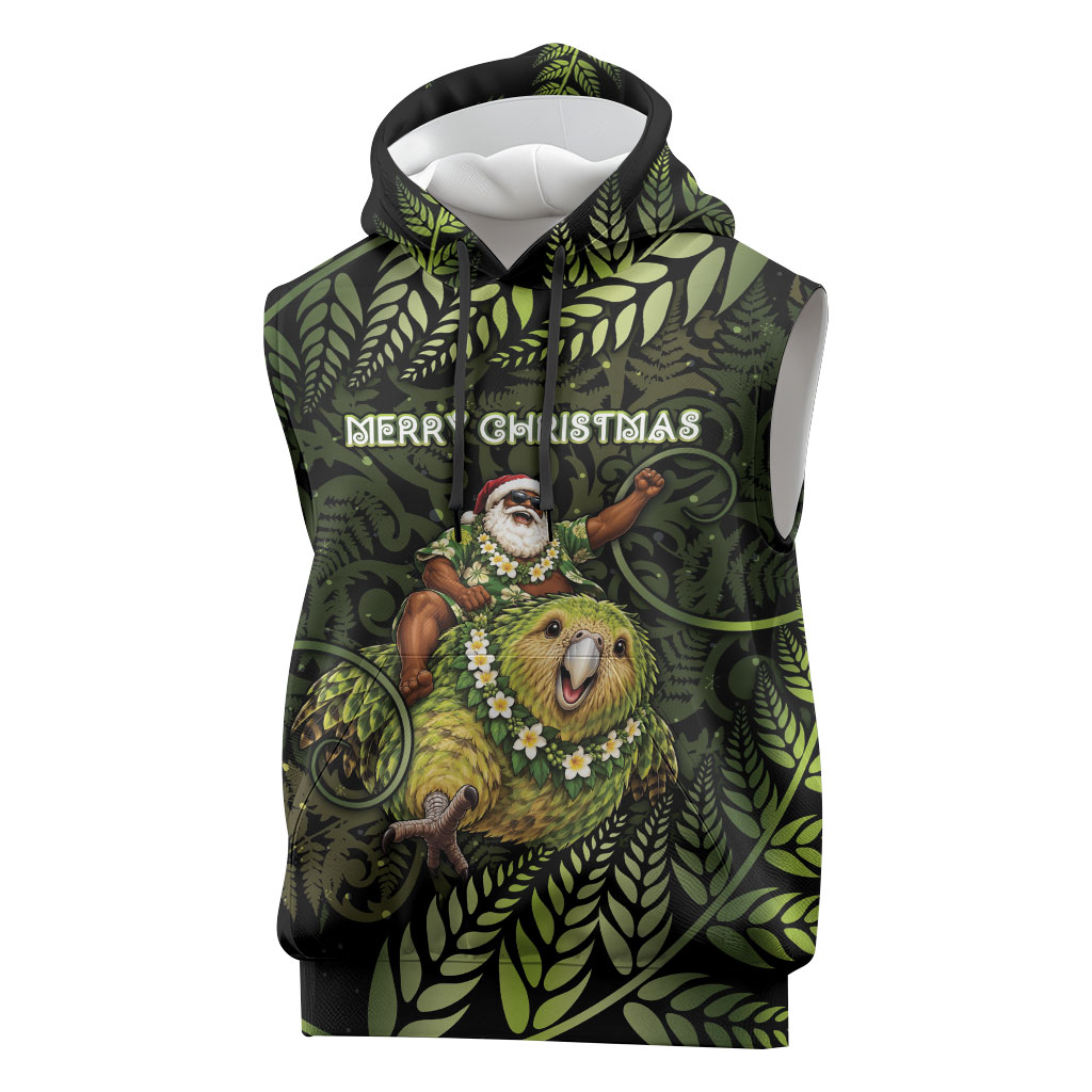 New Zealand Christmas Sleeveless Hoodie Santa Riding Kakapo Bird Silver Fern