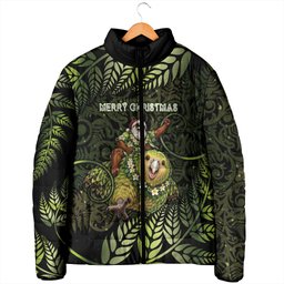 New Zealand Christmas Padded Jacket Santa Riding Kakapo Bird Silver Fern