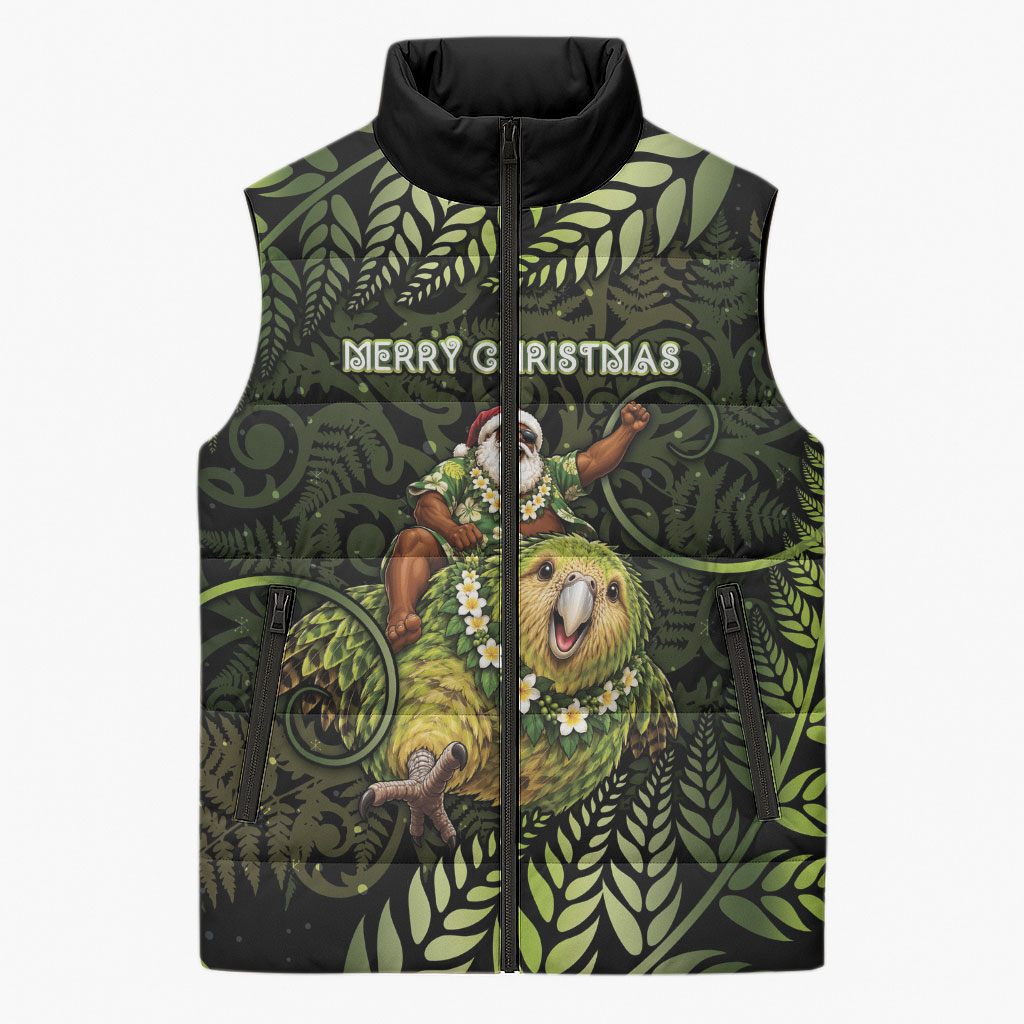 New Zealand Christmas Sleeveless Puffer Jacket Santa Riding Kakapo Bird Silver Fern