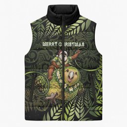 New Zealand Christmas Sleeveless Puffer Jacket Santa Riding Kakapo Bird Silver Fern