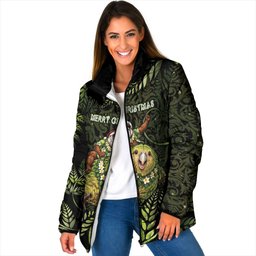 New Zealand Christmas Padded Jacket Santa Riding Kakapo Bird Silver Fern