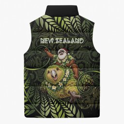 New Zealand Christmas Sleeveless Puffer Jacket Santa Riding Kakapo Bird Silver Fern