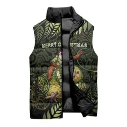 New Zealand Christmas Sleeveless Puffer Jacket Santa Riding Kakapo Bird Silver Fern