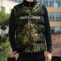 New Zealand Christmas Sleeveless Puffer Jacket Santa Riding Kakapo Bird Silver Fern