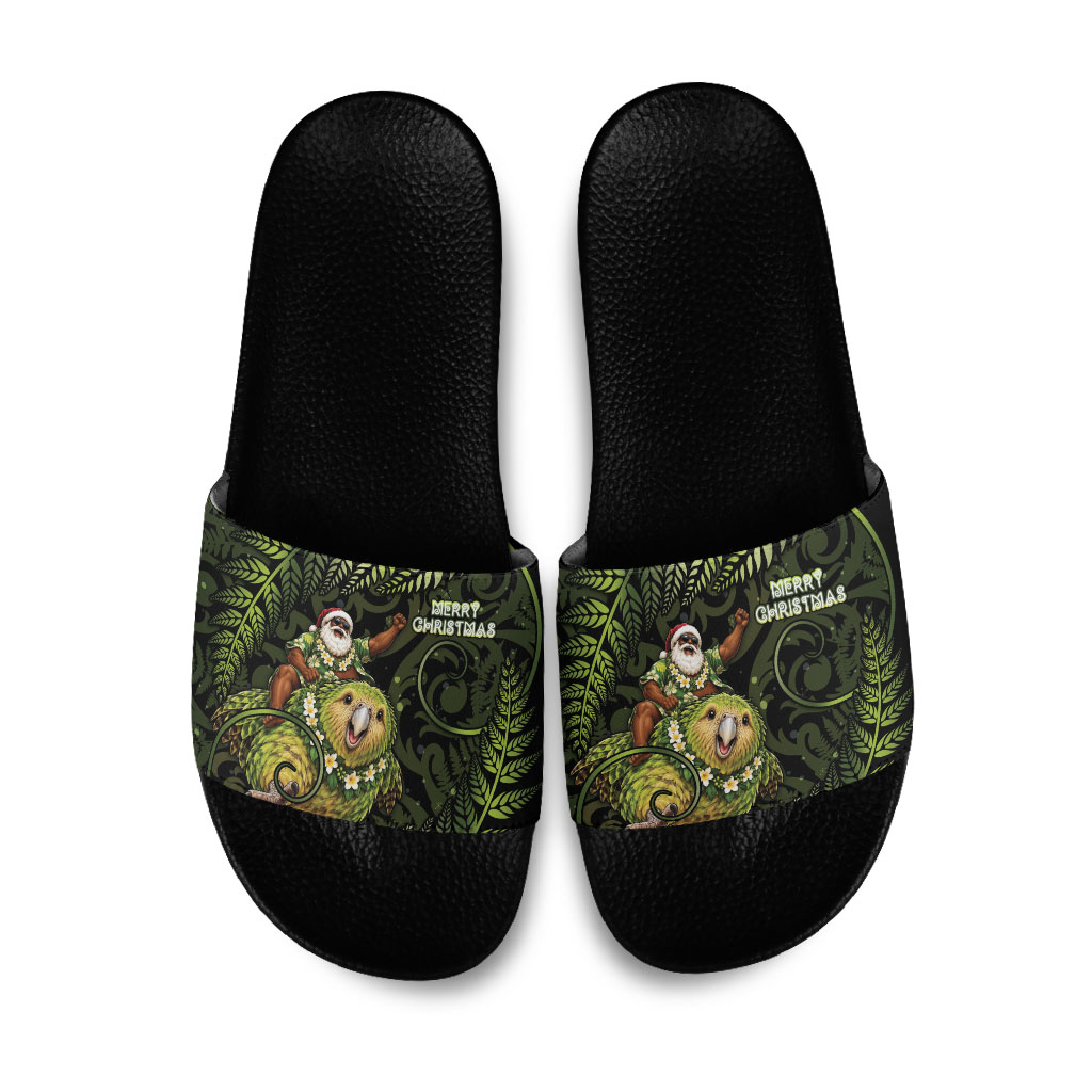 New Zealand Christmas Slide Sandals Santa Riding Kakapo Bird Silver Fern