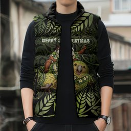 New Zealand Christmas Sleeveless Puffer Jacket Santa Riding Kakapo Bird Silver Fern