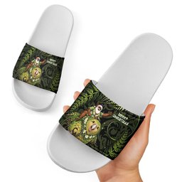 New Zealand Christmas Slide Sandals Santa Riding Kakapo Bird Silver Fern