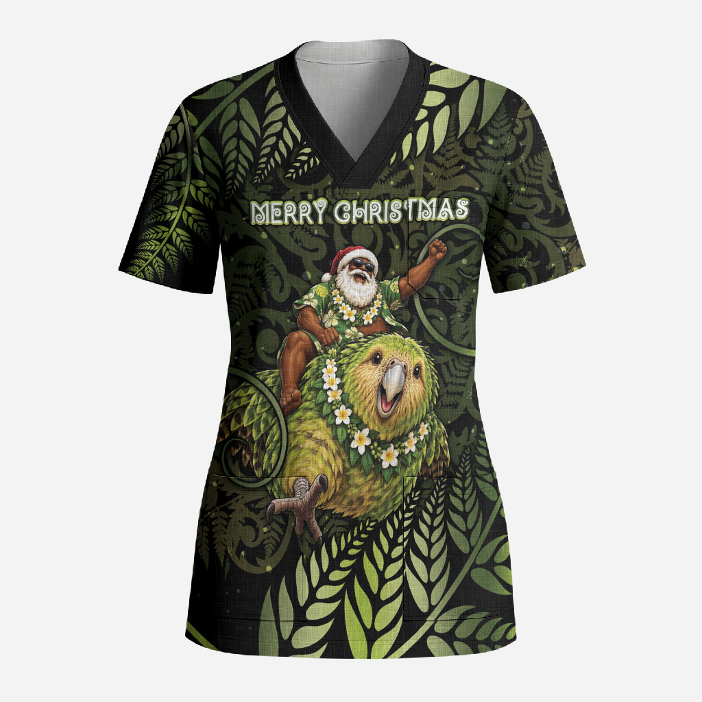New Zealand Christmas Scrub Top Santa Riding Kakapo Bird Silver Fern