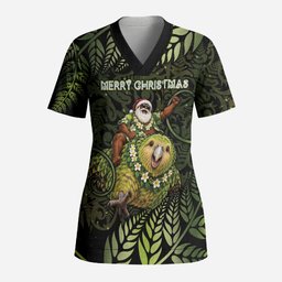 New Zealand Christmas Scrub Top Santa Riding Kakapo Bird Silver Fern