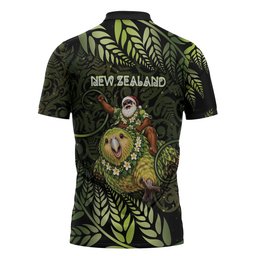 New Zealand Christmas Zipper Polo Shirt Santa Riding Kakapo Bird Silver Fern