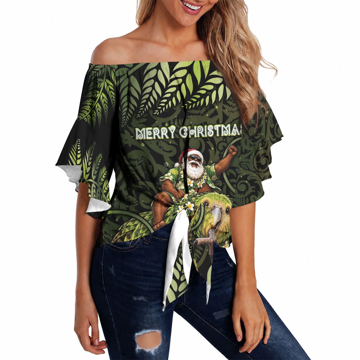 New Zealand Christmas Off Shoulder Wrap Waist Top Santa Riding Kakapo Bird Silver Fern