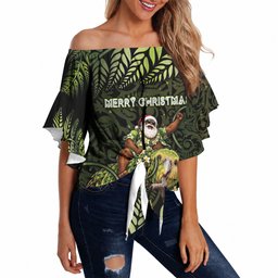 New Zealand Christmas Off Shoulder Wrap Waist Top Santa Riding Kakapo Bird Silver Fern
