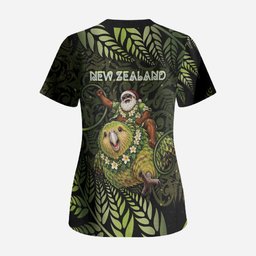 New Zealand Christmas Scrub Top Santa Riding Kakapo Bird Silver Fern