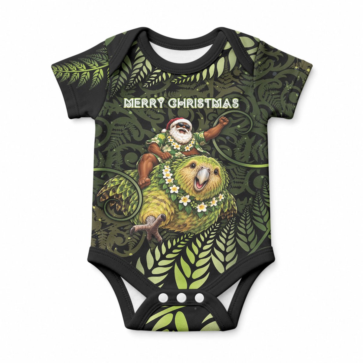 New Zealand Christmas Baby Onesie Santa Riding Kakapo Bird Silver Fern