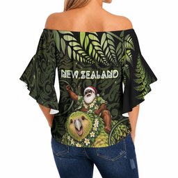 New Zealand Christmas Off Shoulder Wrap Waist Top Santa Riding Kakapo Bird Silver Fern