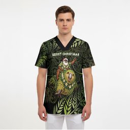 New Zealand Christmas Scrub Top Santa Riding Kakapo Bird Silver Fern