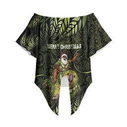 New Zealand Christmas Off Shoulder Wrap Waist Top Santa Riding Kakapo Bird Silver Fern