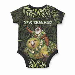 New Zealand Christmas Baby Onesie Santa Riding Kakapo Bird Silver Fern