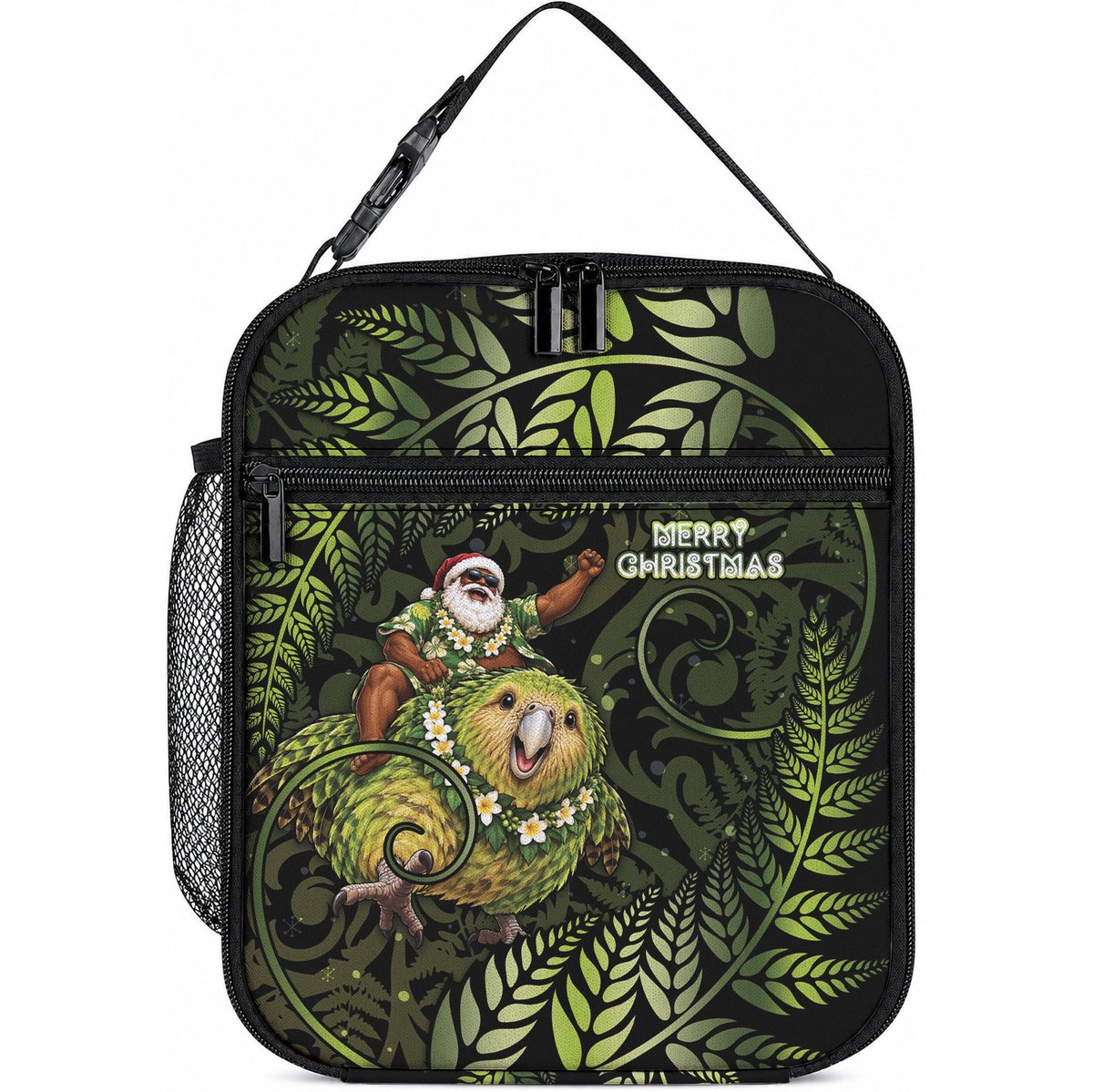 New Zealand Christmas Lunch Bag Santa Riding Kakapo Bird Silver Fern