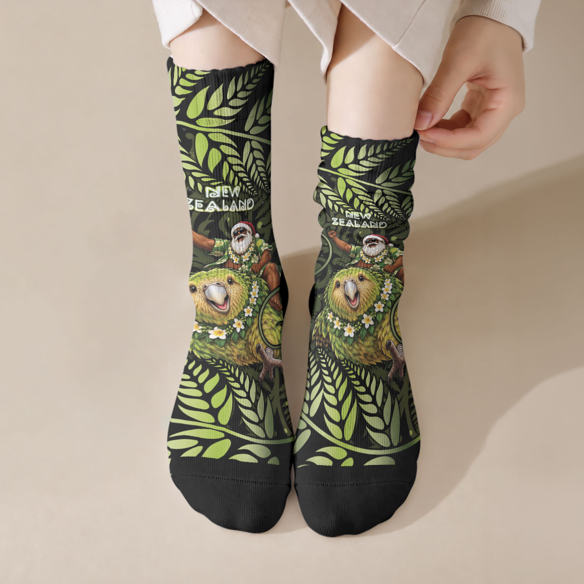 New Zealand Christmas Crew Socks Santa Riding Kakapo Bird Silver Fern