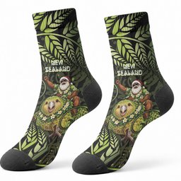 New Zealand Christmas Crew Socks Santa Riding Kakapo Bird Silver Fern