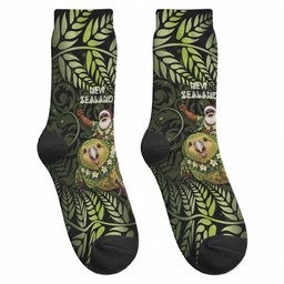 New Zealand Christmas Crew Socks Santa Riding Kakapo Bird Silver Fern