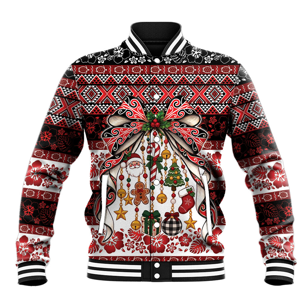 New Zealand Kowhaiwhai Taniko Christmas Bow Baseball Jacket Meri Kirihimete