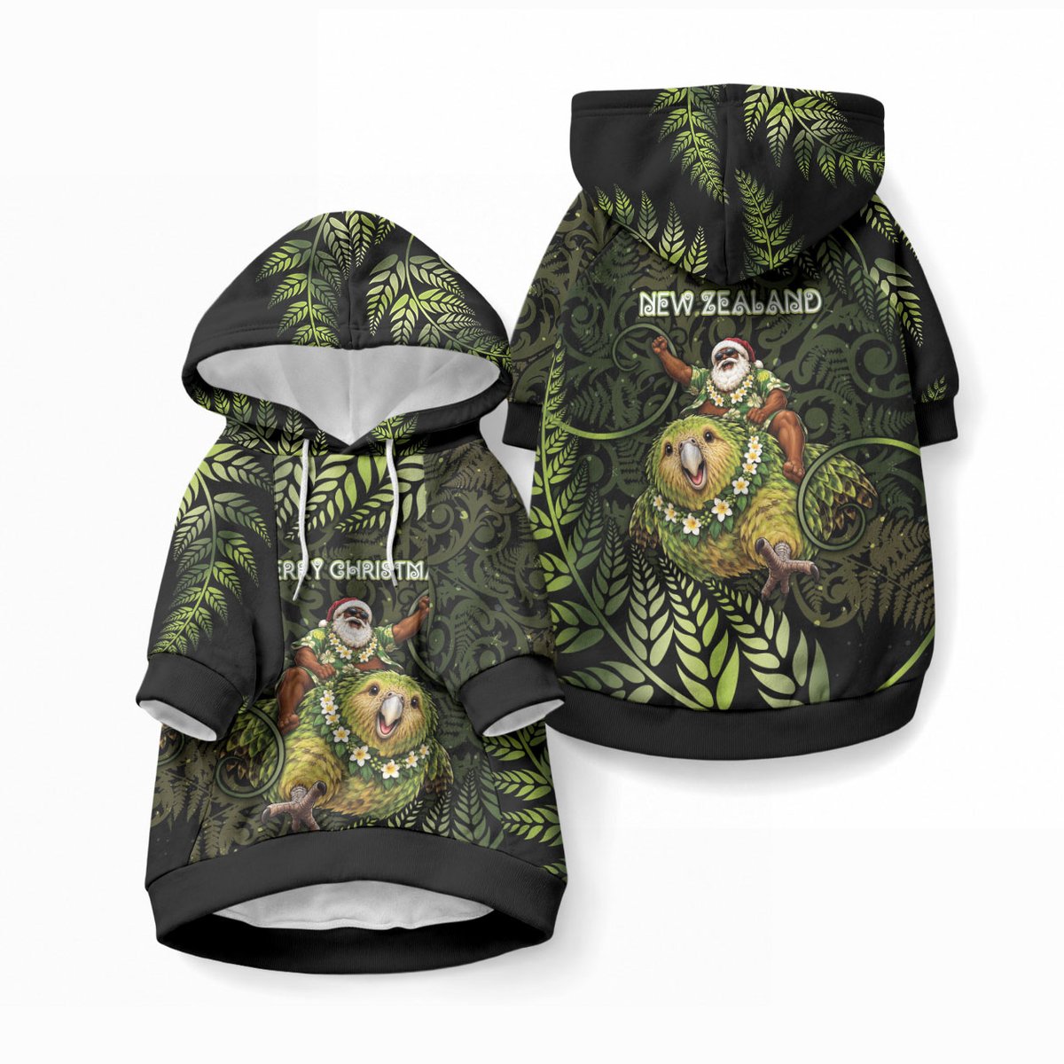 New Zealand Christmas Pet Hoodie Santa Riding Kakapo Bird Silver Fern