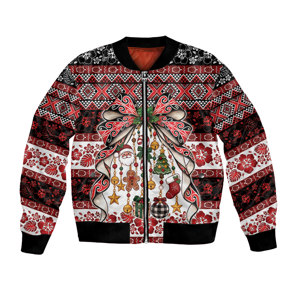 New Zealand Kowhaiwhai Taniko Christmas Bow Bomber Jacket Meri Kirihimete