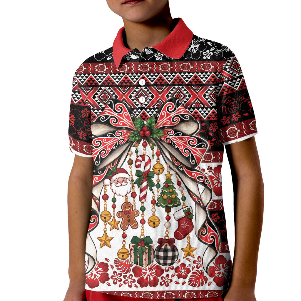 New Zealand Kowhaiwhai Taniko Christmas Bow Kid Polo Shirt Meri Kirihimete