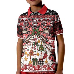 New Zealand Kowhaiwhai Taniko Christmas Bow Kid Polo Shirt Meri Kirihimete