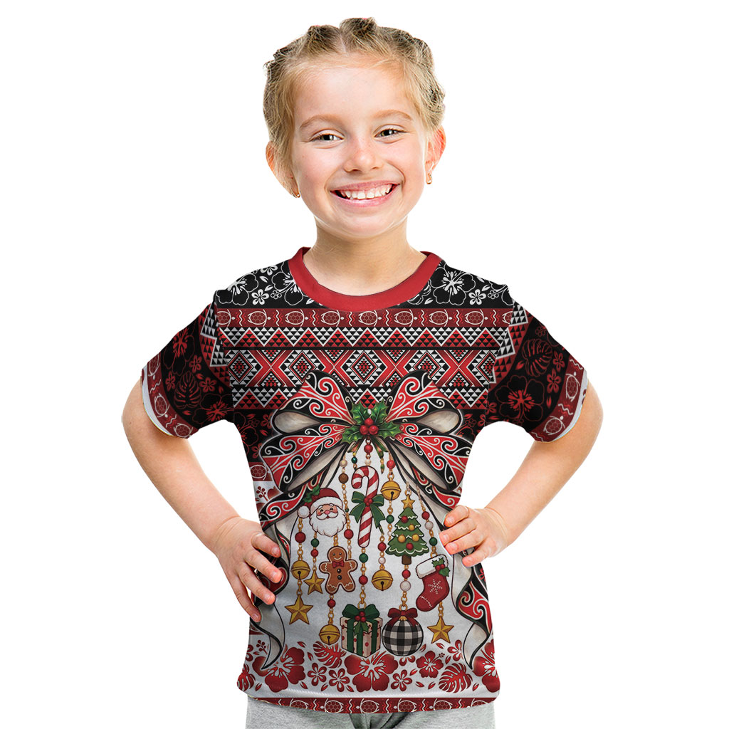 New Zealand Kowhaiwhai Taniko Christmas Bow Kid T Shirt Meri Kirihimete