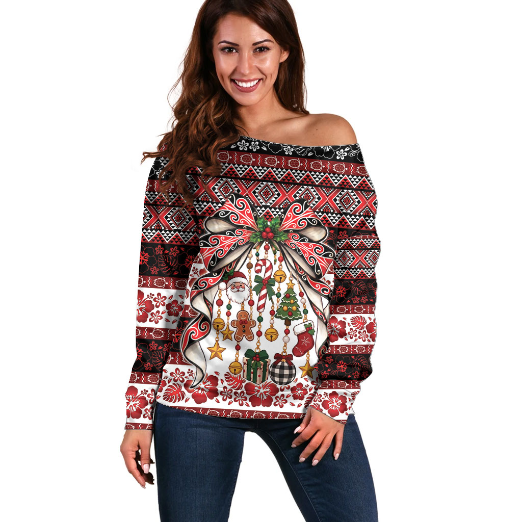 New Zealand Kowhaiwhai Taniko Christmas Bow Off Shoulder Sweater Meri Kirihimete