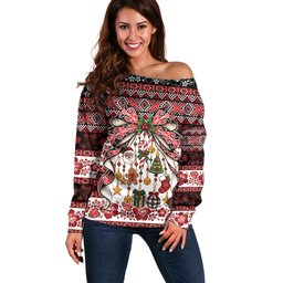 New Zealand Kowhaiwhai Taniko Christmas Bow Off Shoulder Sweater Meri Kirihimete