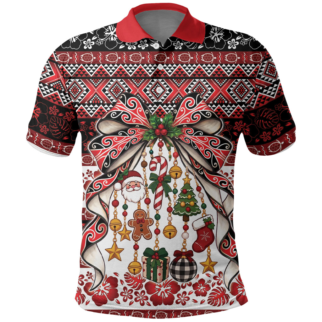 New Zealand Kowhaiwhai Taniko Christmas Bow Polo Shirt Meri Kirihimete