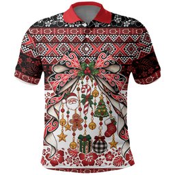 New Zealand Kowhaiwhai Taniko Christmas Bow Polo Shirt Meri Kirihimete
