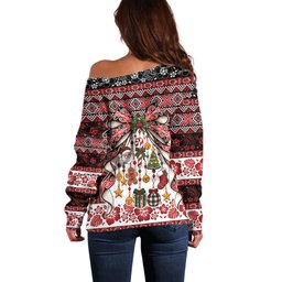 New Zealand Kowhaiwhai Taniko Christmas Bow Off Shoulder Sweater Meri Kirihimete